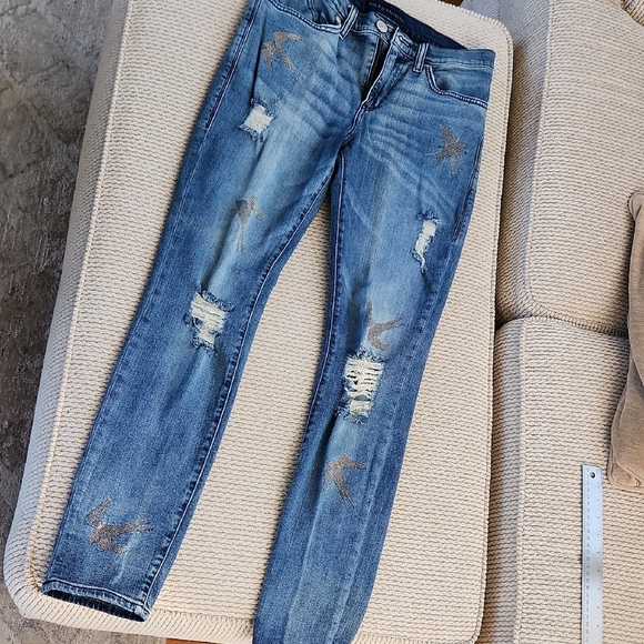 Distressed Blue Jeans with Bird Embroidery, Like New, Size 8M - Picture 1 of 8